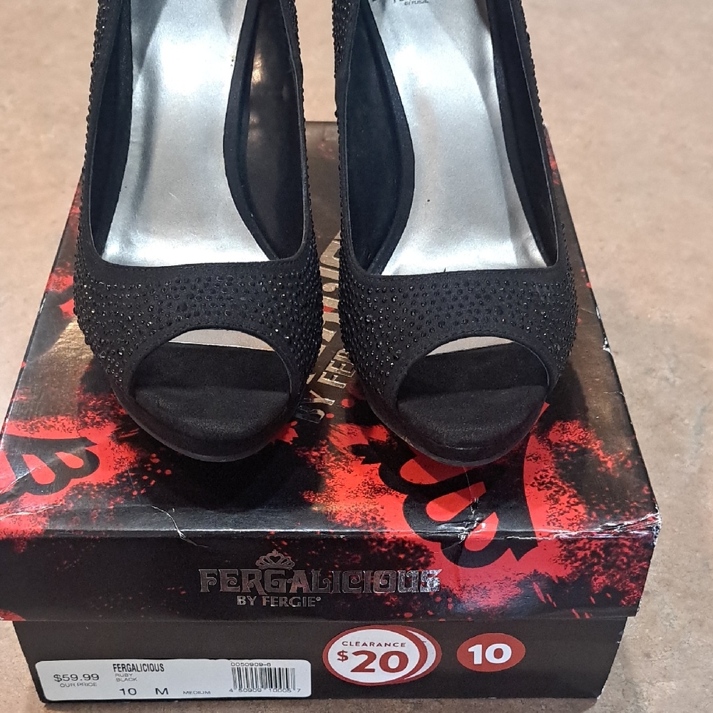 Fergalicious Black Peep-Toe Heels with Studs